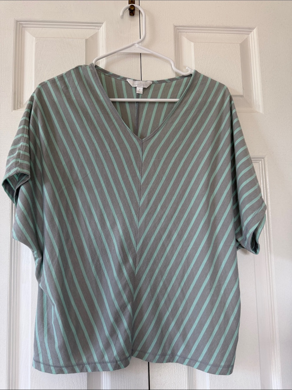 Charming Charlie Mint and Gray Striped V-Neck Short Sleeve Tee